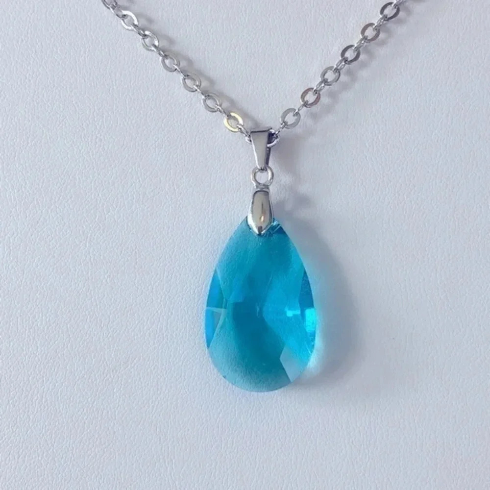 Teal Blue Crystal Teardrop Stainless Steel Necklace NWT